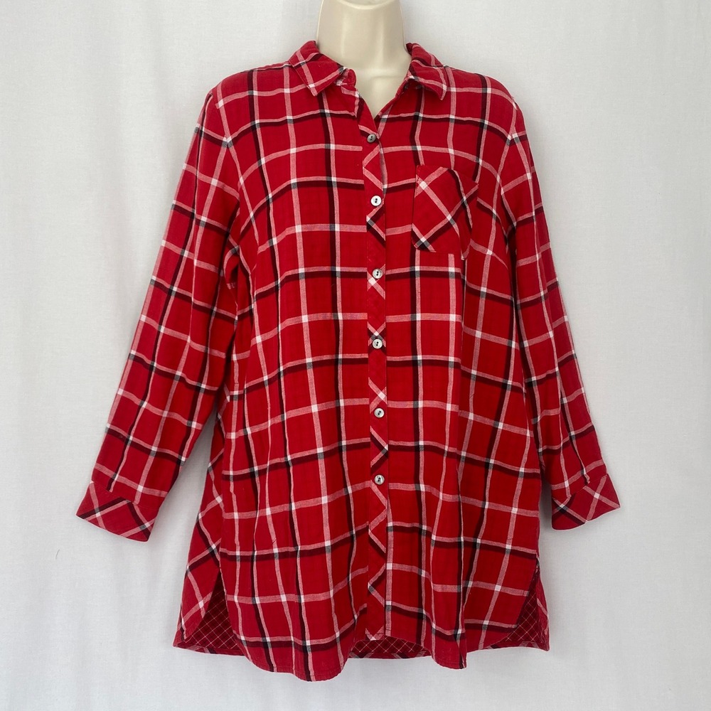 J Jill Plaid Tunic Petite Medium Red Oversized Lined Pockets Shacket Cabincore